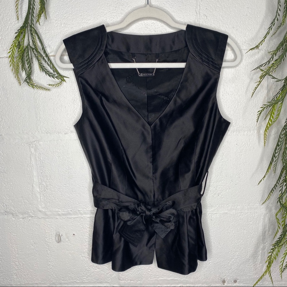 Trina Turk Black Silk V Neck Peplum Tie Waist Vest Shirt Size 8